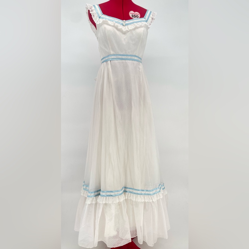 1970s Prairie Maxi Dress - White Swiss Dot With Blue Accents Cottage-core Style